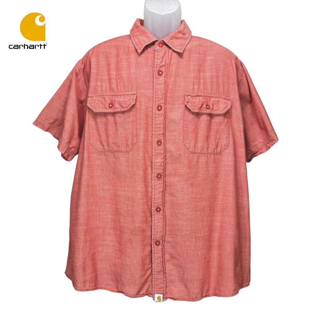 Carhartt Men's 2XL Red 100% Cotton Short Sleeve Button Up Shirt 2-Chest Pockets‎